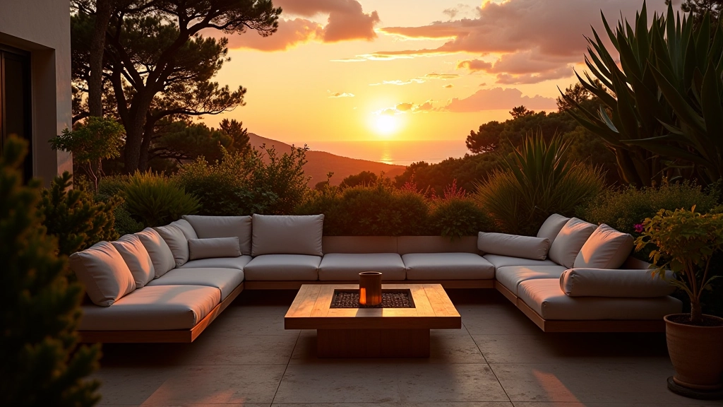 Terraço no Algarve ao entardecer com sofás ao ar livre, plantas e iluminação ambiente