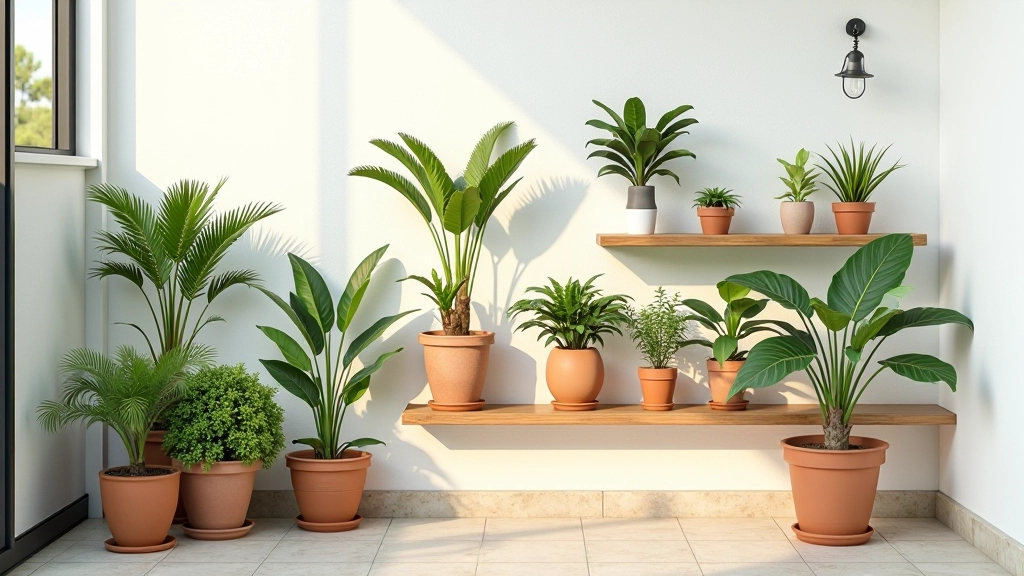 Varanda compacta com prateleiras flutuantes de madeira clara e múltiplos vasos de plantas em diferentes níveis, parede branca