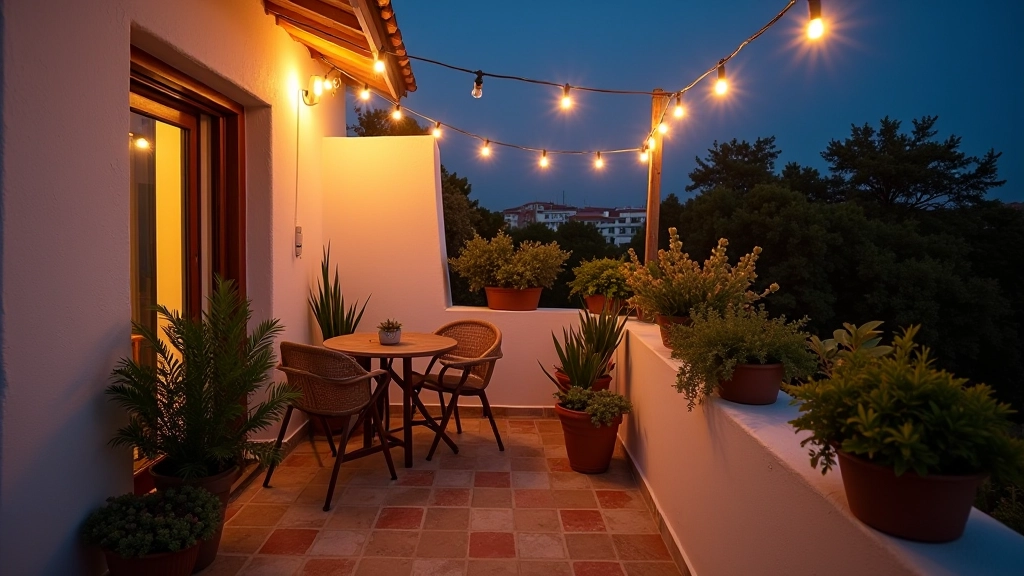 Varanda noturna iluminada com luzes de corda quentes, parede branca com plantas, pequeno espelho refletindo a iluminação