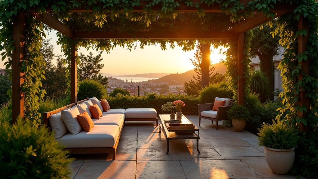 Terraço mediterrânico com plantas e estrutura de sombra elegante