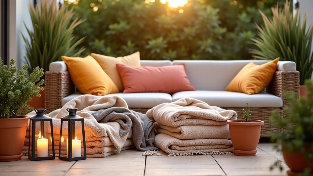 Detalhe de terraço com mantas, almofadas coloridas, lanternas de vidro e plantas em vasos decorativos