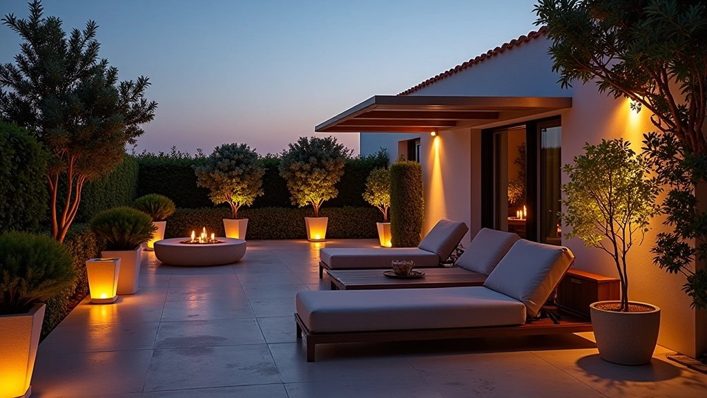 Terraço com iluminação ambiente e atmosfera relaxante