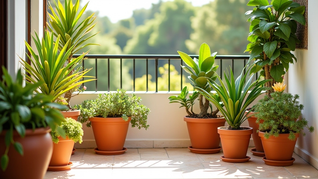 Diferentes tipos de plantas mediterrânicas em vasos de terracota, dispostas num terraço com luz natural