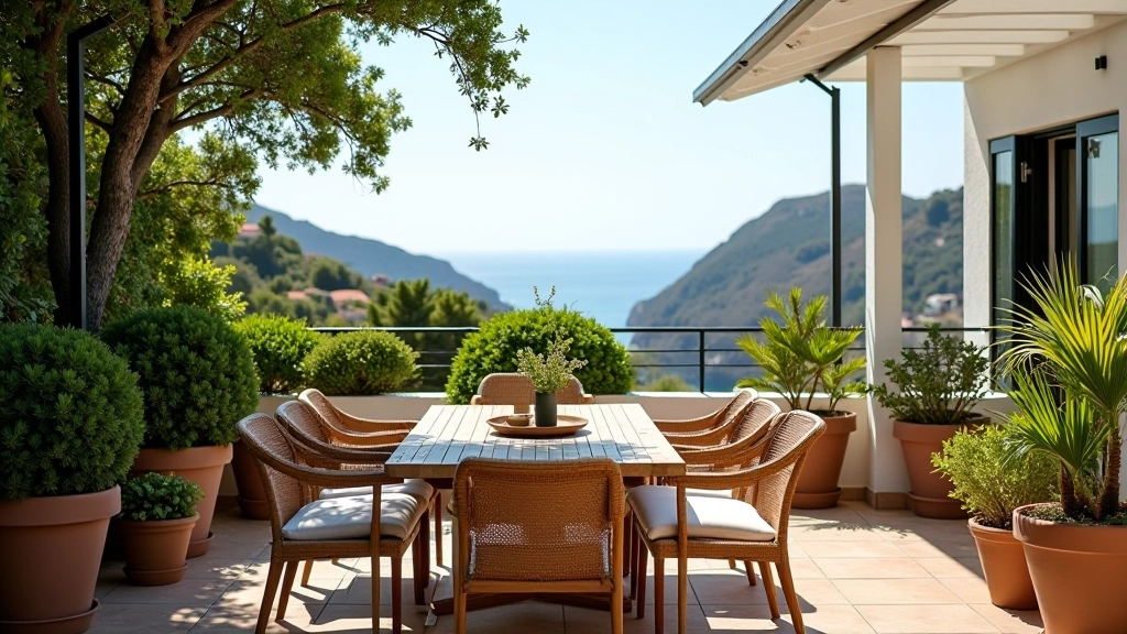 Terraço com plantas em vasos, mesa de madeira e vista para a paisagem costeira
