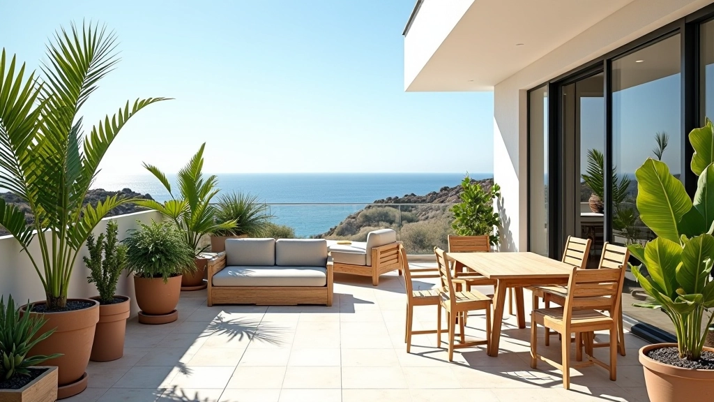 Terraço moderno com vista para o mar, plantas em vasos e móveis de madeira num dia ensolarado
