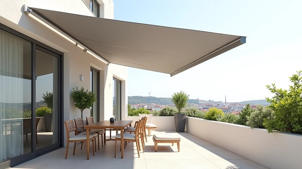 Toldo retráctil cinzento em terraço moderno, totalmente estendido proporcionando sombra completa, com móveis de exterior debaixo e vista para a cidade ao fundo