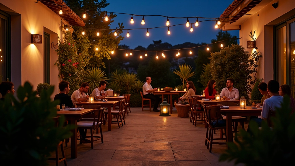 Iluminação estratégica num terraço noturno com luzes penduradas em diferentes alturas, criando ambiente aconchegante