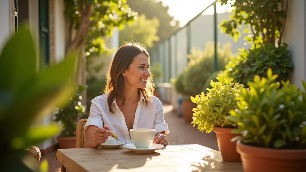 Pessoa desfrutando de um terraço bem projetado com plantas e sombra natural