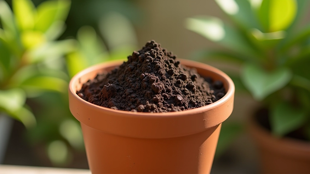 Solo de qualidade em vaso com plantas verdes ao fundo, textura visível, luz natural clara