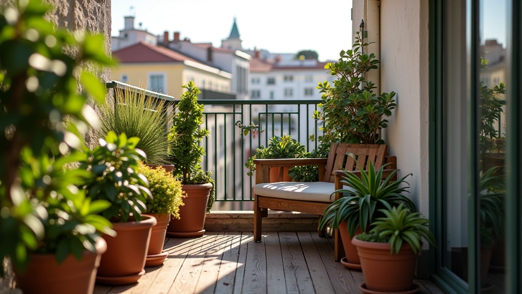 Pequena varanda de apartamento em Lisboa com banco de madeira e plantas em diferentes alturas