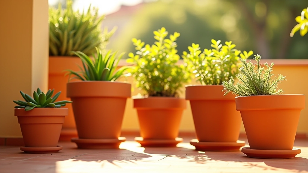 Vários vasos de barro empilhados num terraço, luz natural matinal, diferentes tamanhos e cores naturais